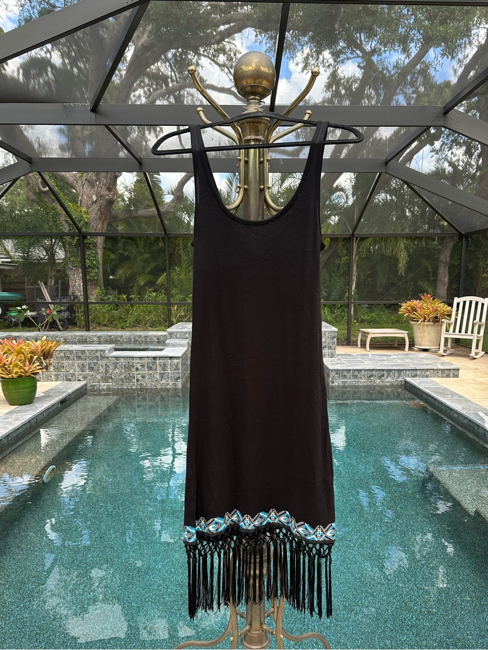 VOLCOM Black Tank Style dress with aqua+ trim & Fringed bottom SLEEK & Modern